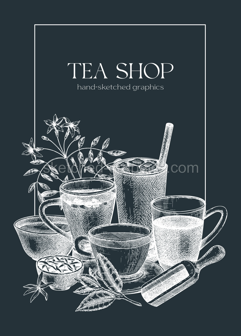 Vintage card or invitation template with hand sketched tea drinks illustration. Vector sketches of hot beverage cups, dried leaves, jasmine blossoms on chalkboard. Tea beverages menu design Illustration